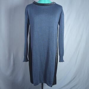 Wrap London Merino Wool Knit Dress Blue Black Silk Trim 90s Minimalist